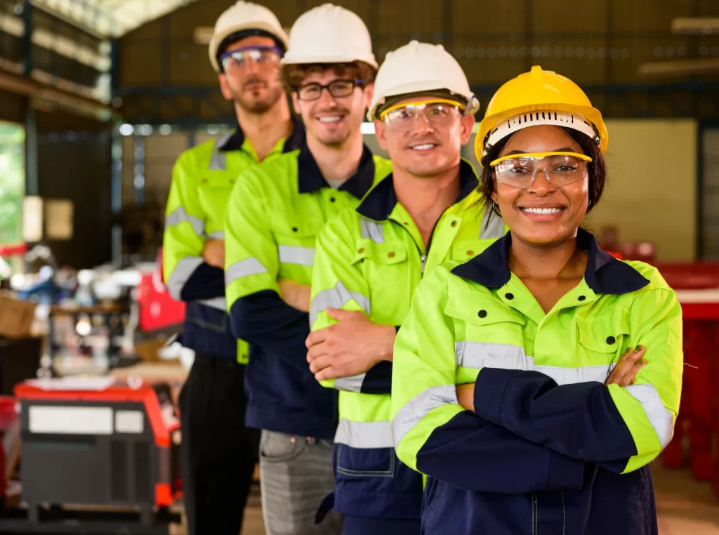 Four factory workers in hi-vis jackets, hard hats and safety glasses stand in a line, arms crossed, smiling